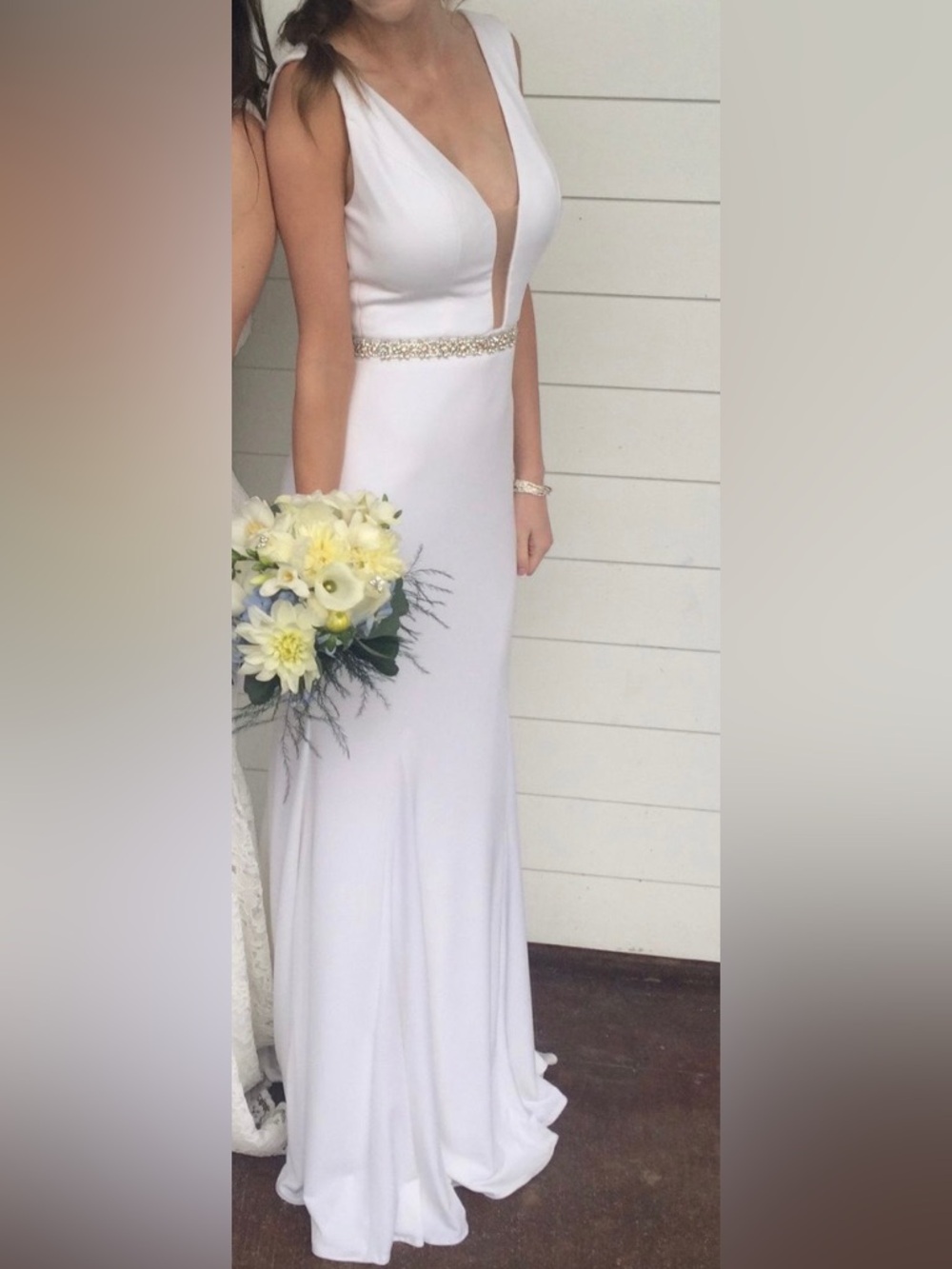 Jovani White Bridal Column Gown with Beaded Waist